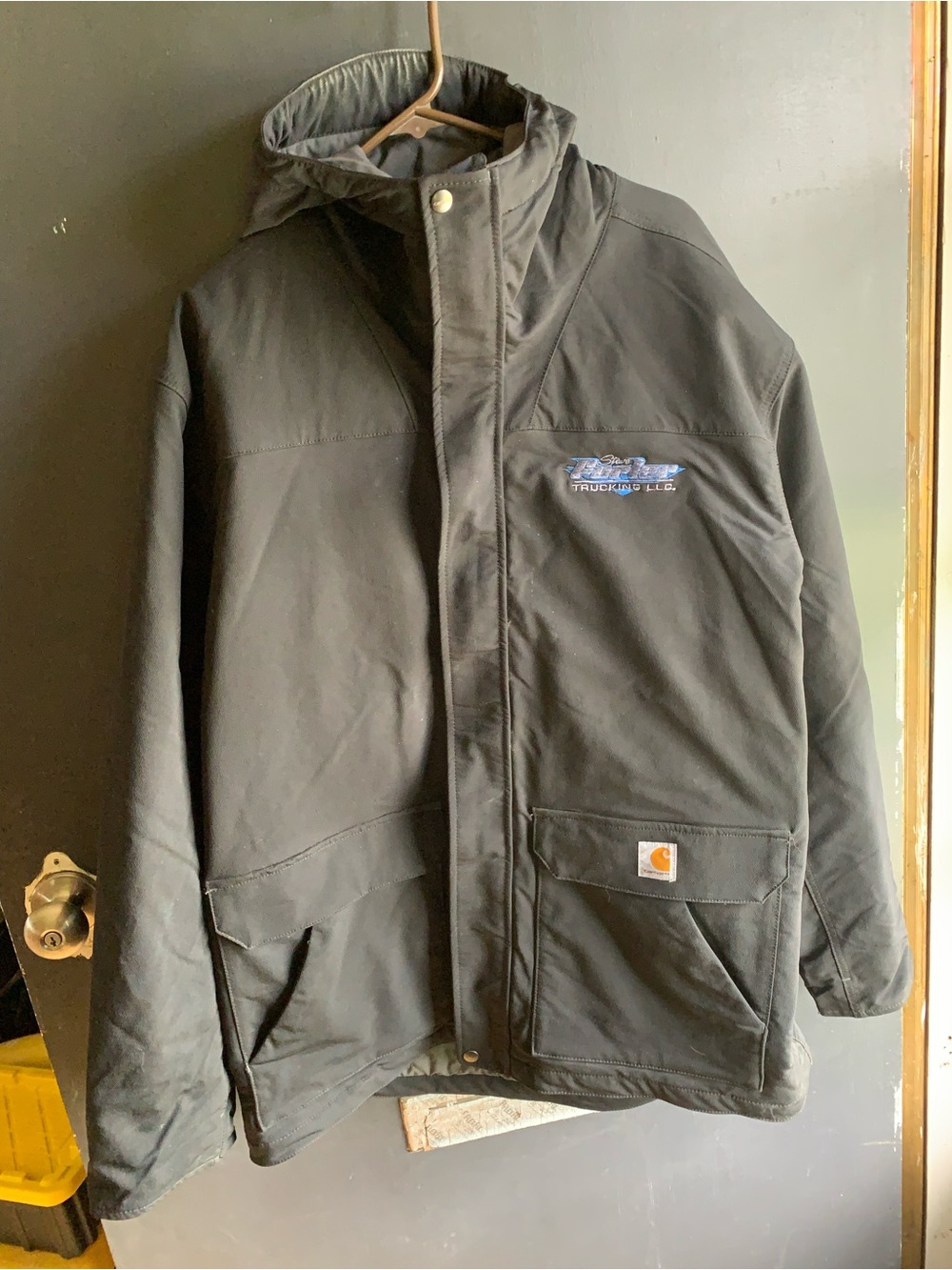 Carhartt rain defender Super Dux Black Hooded Work Coat with Logo Patch
